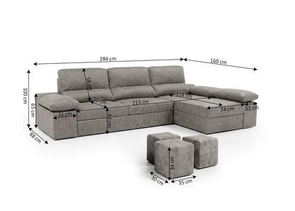 Sofa Cama Chaise Longue Reversible Dave Gris 284cm, Arcon + Puff