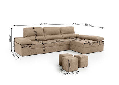 Sofa Cama Chaise Longue Reversible Dave 284cm, Arcon + Puff