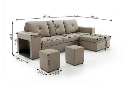 Sofa Cama Chaise Longue Reversible Suiza 230cm, Arcon + Puff