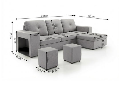 Sofa Cama Chaise Longue Reversible Suiza 230cm, Arcon + Puff Gris