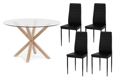 Pack Mesa Redonda de Cristal Templado + 4 Sillas en Polipiel y Metal
