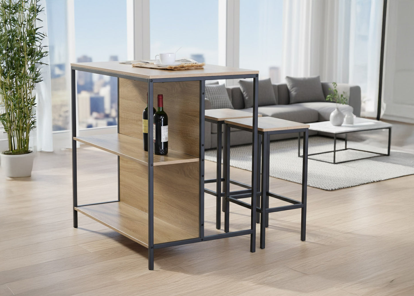 Mesa Bar Cocina Nancy Estilo Industrial con Estanteria + 2 Taburetes