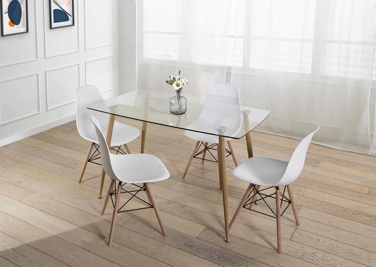 Pack Mesa de Cristal Templado + 4 Sillas Estilo Nordico