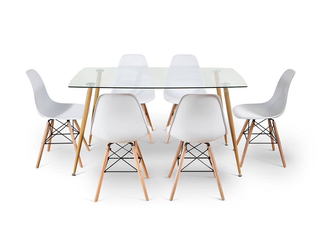 Pack Mesa de Cristal Templado + 6 Sillas Estilo Nordico
