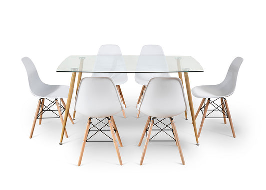 Pack Mesa de Cristal Templado + 6 Sillas Estilo Nordico