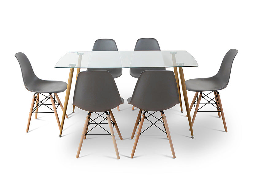 Pack Mesa de Cristal Templado + 6 Sillas Estilo Nordico