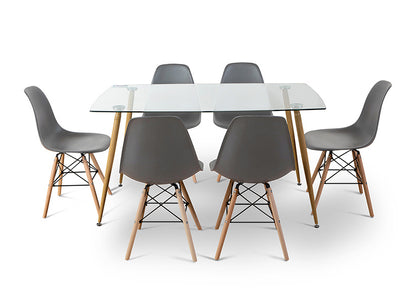 Pack Mesa de Cristal Templado + 6 Sillas Estilo Nordico