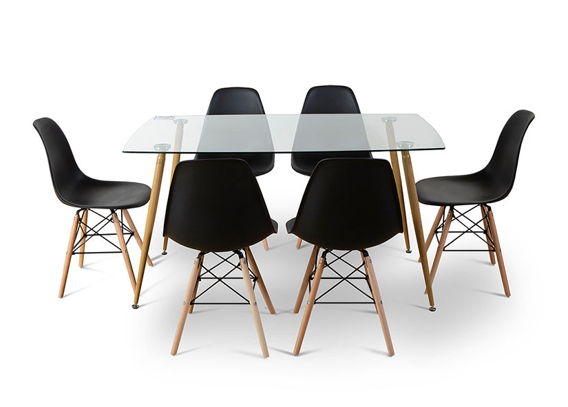 Pack Mesa de Cristal Templado + 6 Sillas Estilo Nordico