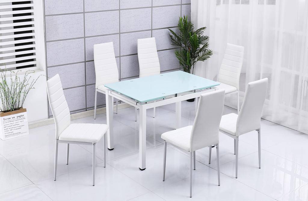 Mesa de Cristal Extensible 170cm + 6 Sillas Polipiel
