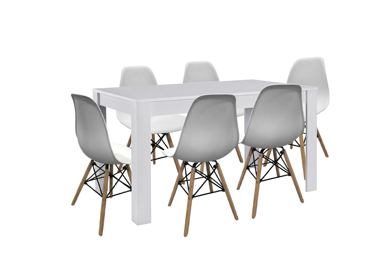 Pack Mesa de Comedor o Cocina Fija + 6 Sillas Estilo Nordico
