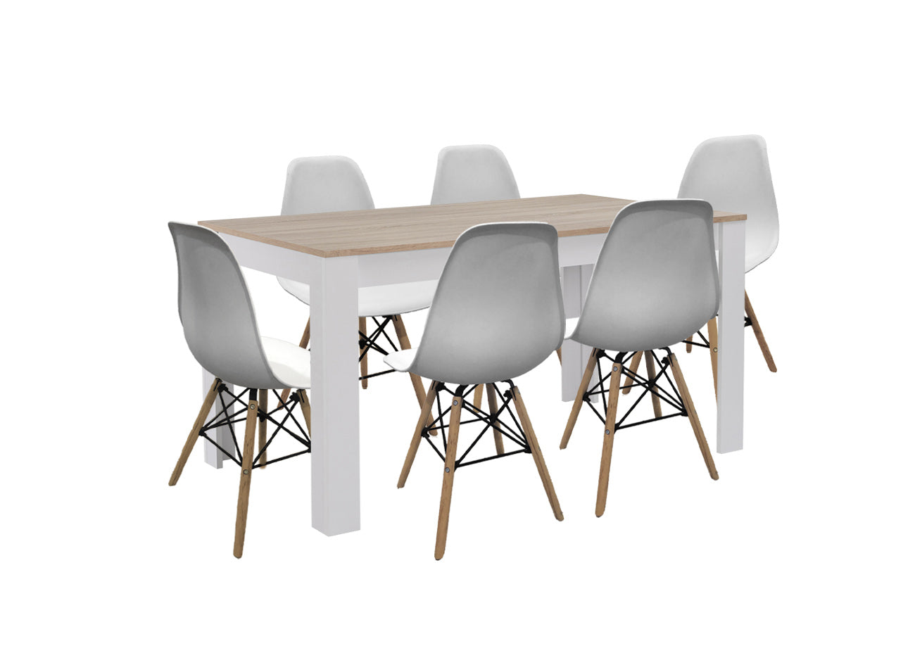 Pack Mesa de Comedor o Cocina Fija + 6 Sillas Estilo Nordico