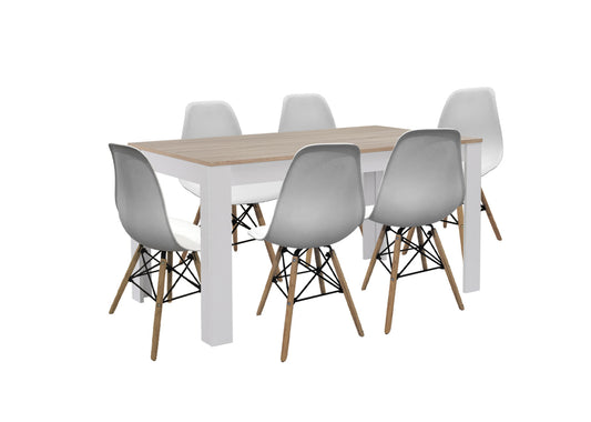 Pack Mesa de Comedor o Cocina Fija + 6 Sillas Estilo Nordico