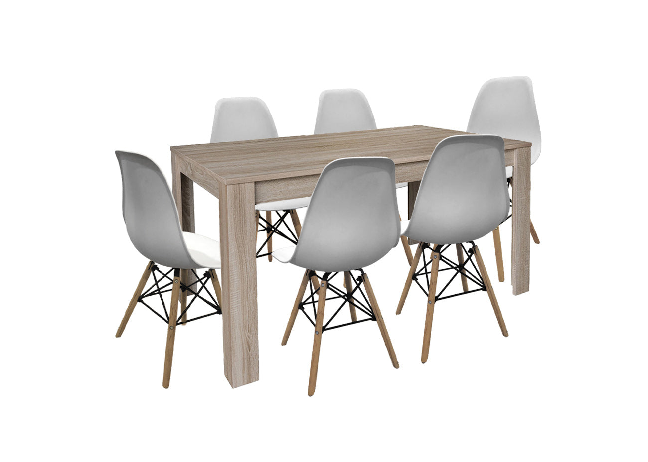 Pack Mesa de Comedor o Cocina Fija + 6 Sillas Estilo Nordico