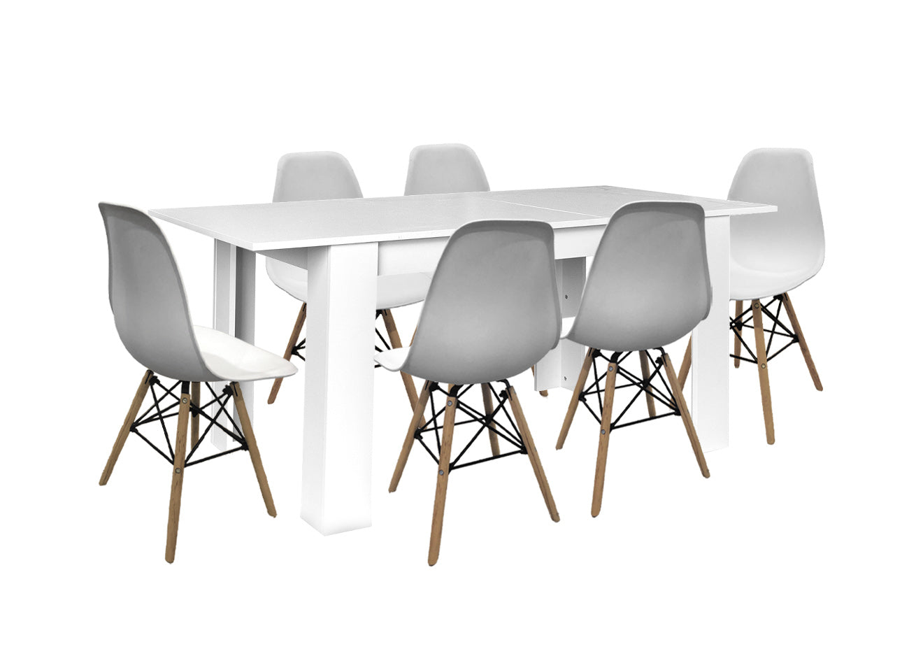 Mesa Extensible de Comedor o Cocina + 6 Sillas Estilo Nordico
