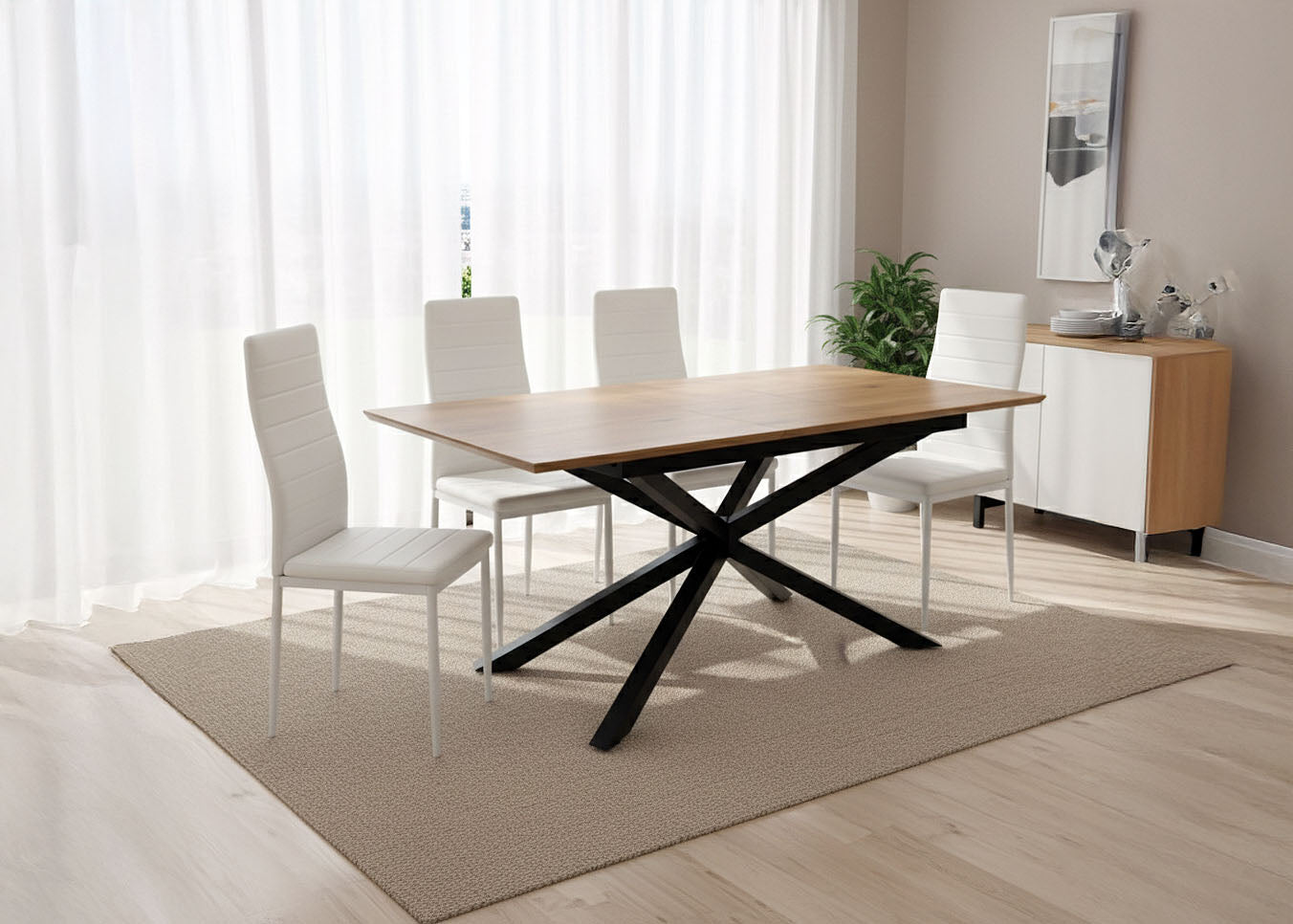 Pack Mesa Extensible HD + 4 Sillas Polipiel