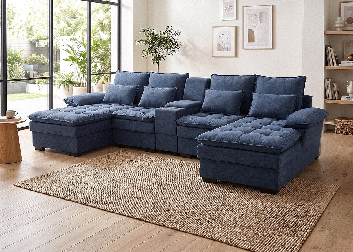 Sofa Doble Chaise Longue Stefano Azul + Portavasos 320cm