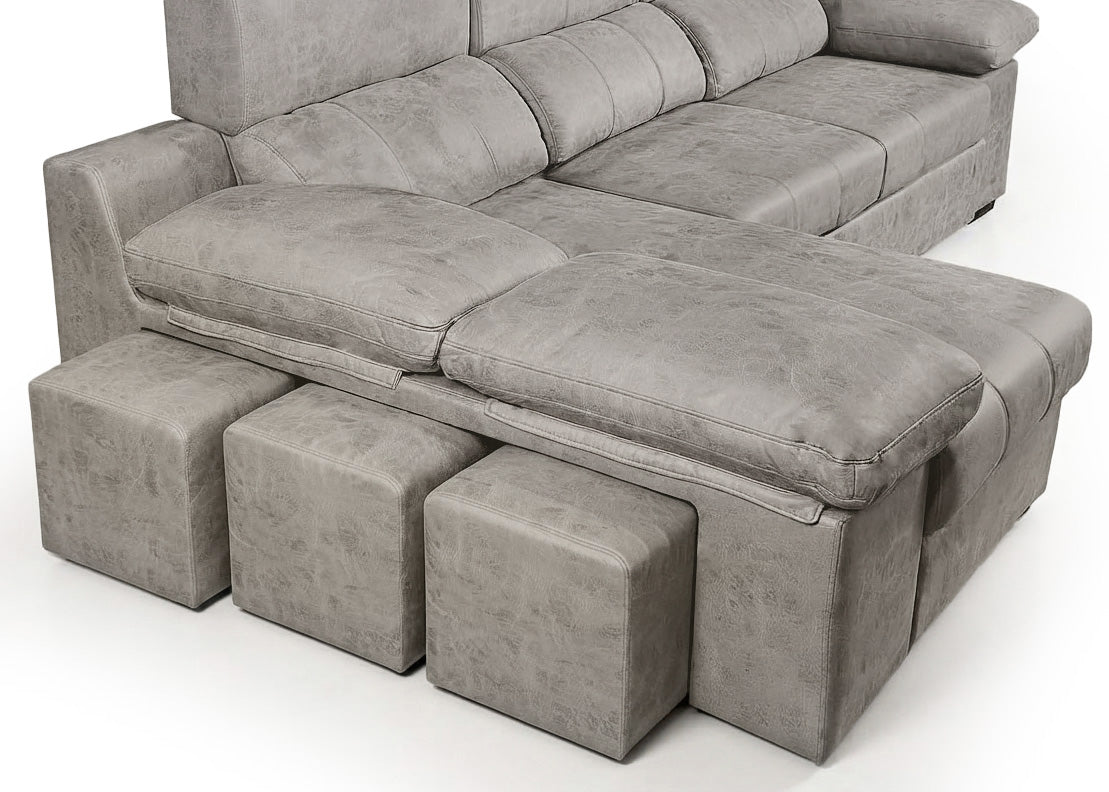 Sofa Cama Chaise Longue Reversible Dave Gris 284cm, Arcon + Puff