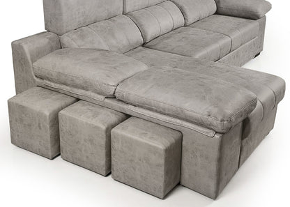Sofa Cama Chaise Longue Reversible Dave Gris 284cm, Arcon + Puff