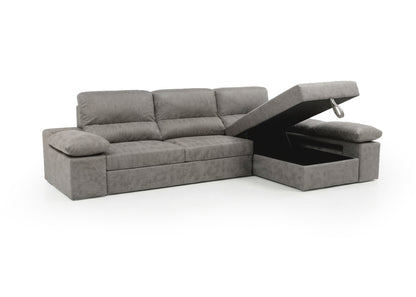 Sofa Cama Chaise Longue Reversible Dave Gris 284cm, Arcon + Puff