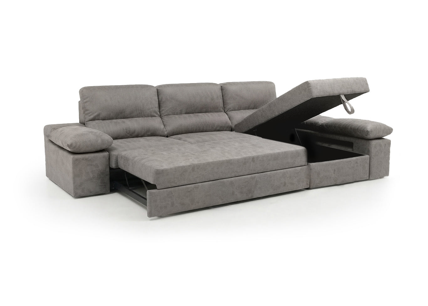 Sofa Cama Chaise Longue Reversible Dave Gris 284cm, Arcon + Puff
