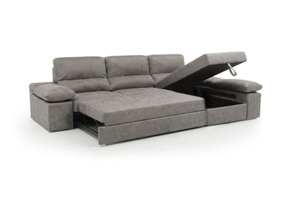 Sofa Cama Chaise Longue Reversible Dave Gris 284cm, Arcon + Puff