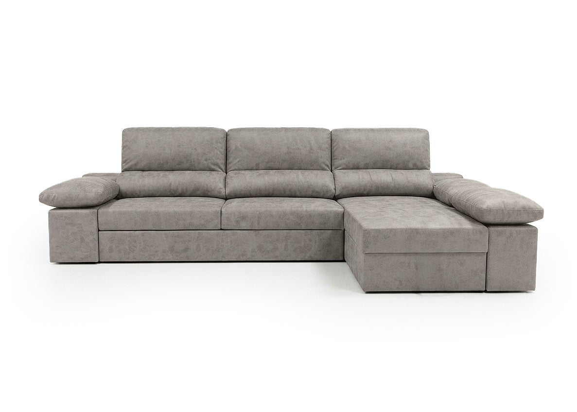 Sofa Cama Chaise Longue Reversible Dave Gris 284cm, Arcon + Puff