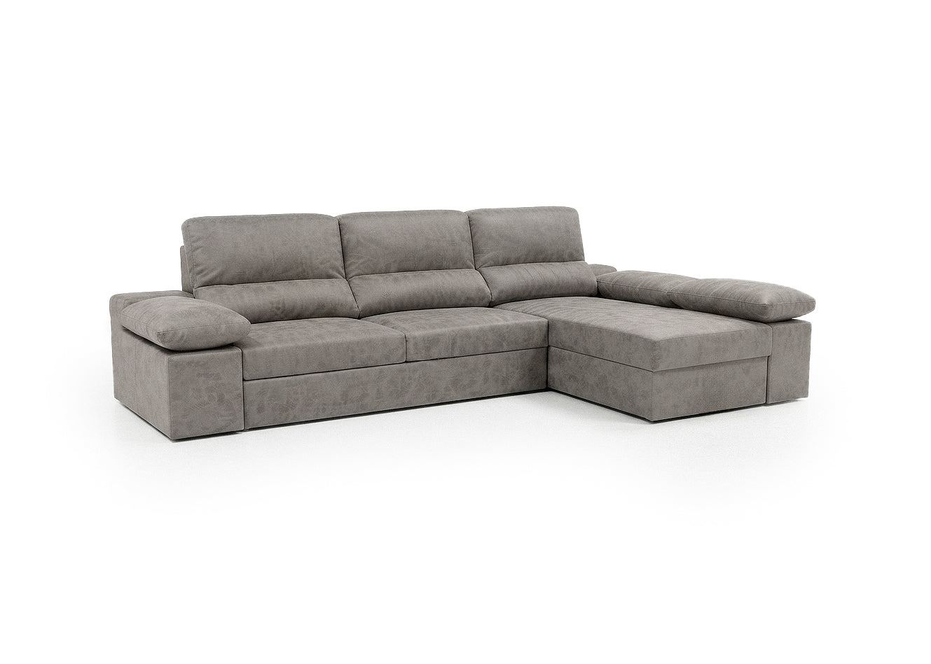 Sofa Cama Chaise Longue Reversible Dave Gris 284cm, Arcon + Puff