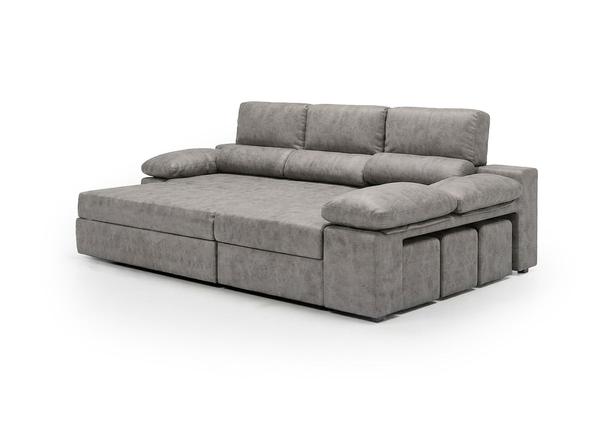 Sofa Cama Chaise Longue Reversible Dave Gris 284cm, Arcon + Puff
