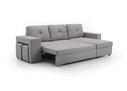 Sofa Cama Chaise Longue Reversible Suiza 230cm, Arcon + Puff Gris