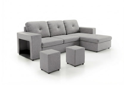 Sofa Cama Chaise Longue Reversible Suiza 230cm, Arcon + Puff Gris