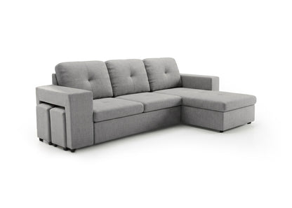 Sofa Cama Chaise Longue Reversible Suiza 230cm, Arcon + Puff Gris