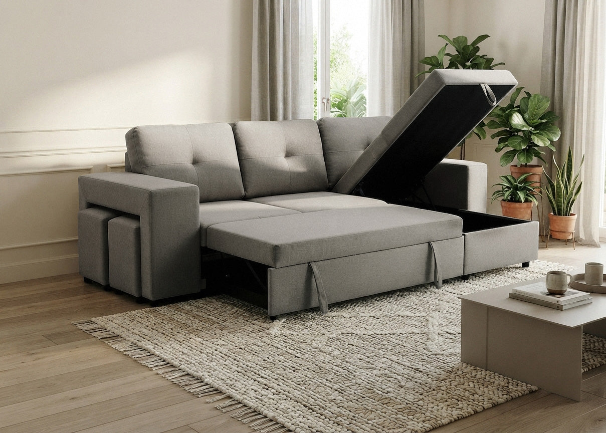 Sofa Cama Chaise Longue Reversible Suiza 230cm, Arcon + Puff Gris