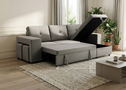 Sofa Cama Chaise Longue Reversible Suiza 230cm, Arcon + Puff Gris