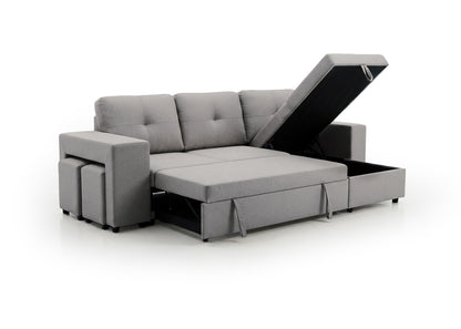 Sofa Cama Chaise Longue Reversible Suiza 230cm, Arcon + Puff Gris